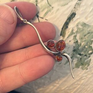 Vintage Sterling Silver Baltic Amber Modernist Pendant – 2.5”